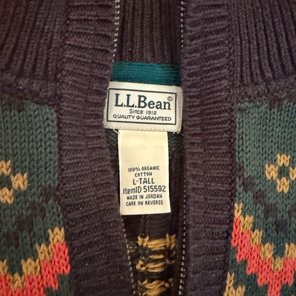 L.L. Bean Men's Brown, Green, Orange and Yellow Patterned Zip-Up Ski Sweater - Picture 2 of 4